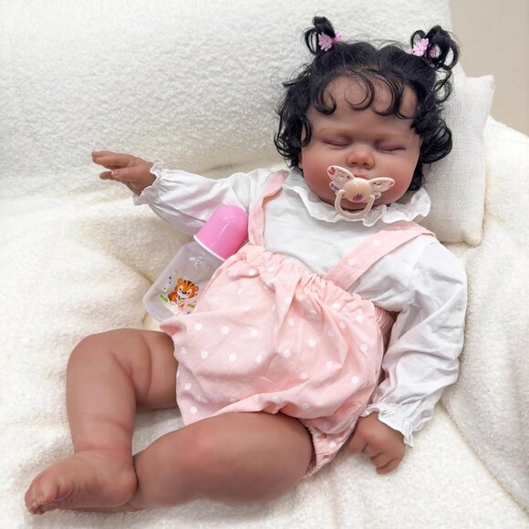 🆕 24Inch Full Silicone Lighter Brown Skin Reborn Toddler Doll with Curly Hair - Picture 5 of 6